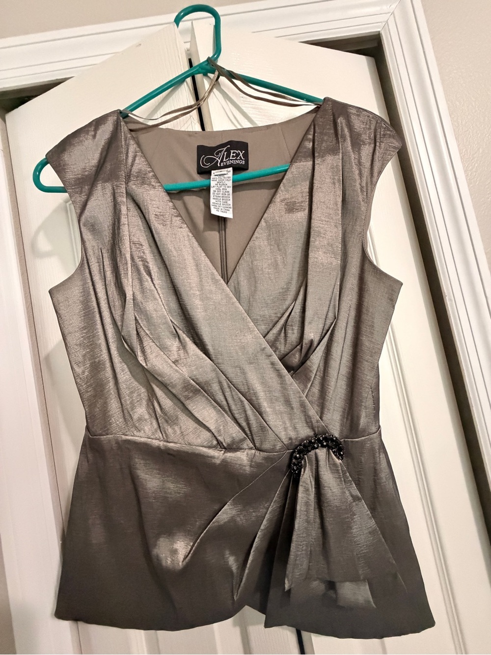 Alex Evenings Silver Gray Metallic Evening Top with Beaded Waist